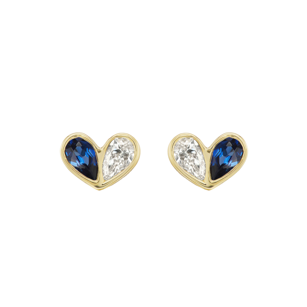 Front view of Sweetheart Studs in Diamond and Blue Sapphire featuring 18K yellow gold hearts, diamonds, and blue sapphires