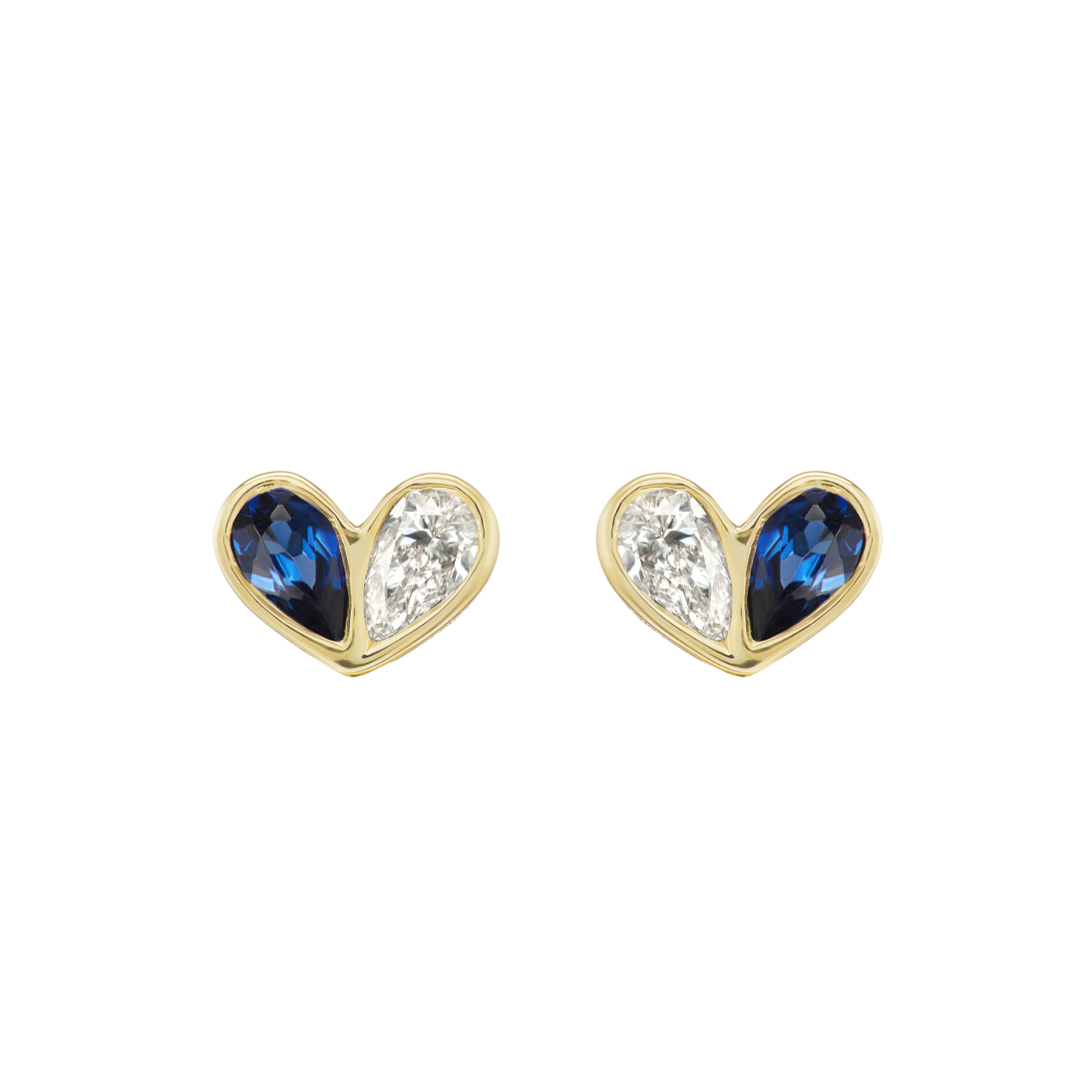 Front view of Sweetheart Studs in Diamond and Blue Sapphire featuring 18K yellow gold hearts, diamonds, and blue sapphires