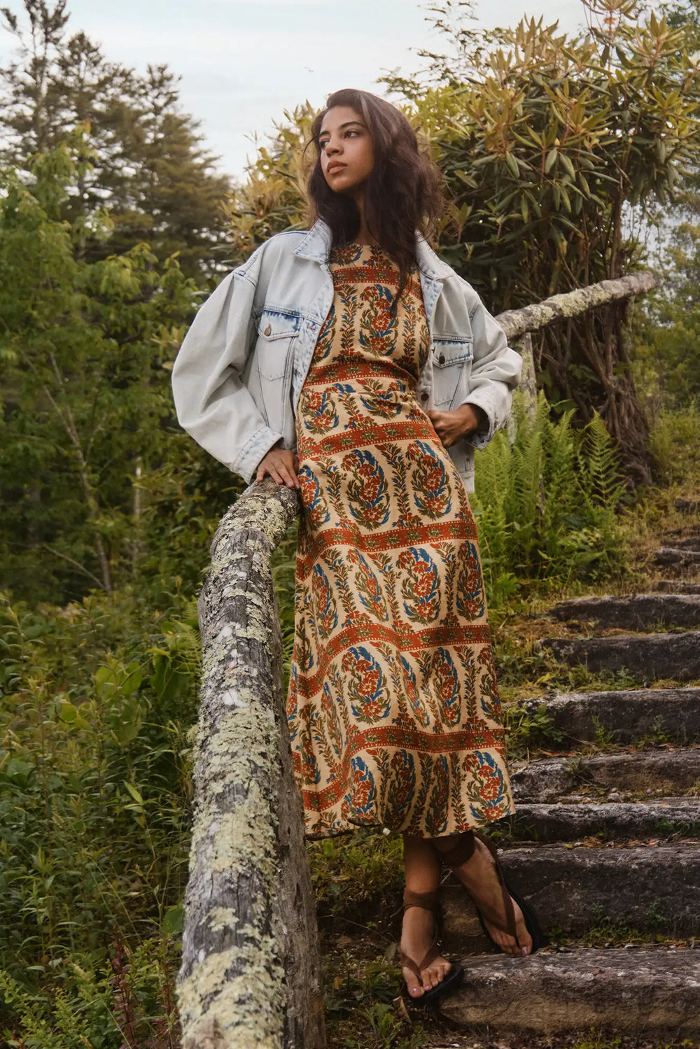 The Faith Dress in Amber Glen Cream paired with Solene Jacket in Washed Blue Denim.