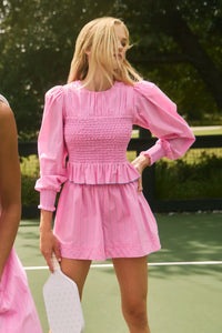 Pink and thin green striped flowy smocked shorts