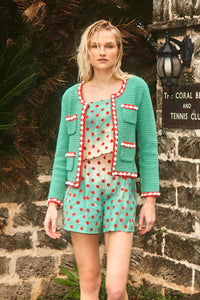 The Catalina Short in Coral Reef Ombre paired with matching Corby Top and turquoise Russell Cardigan