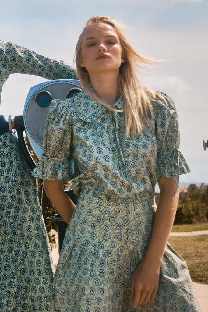 Navy Bird Block lightweight cotton sateen blouse with a relaxed collared silhouette & pintuck detail