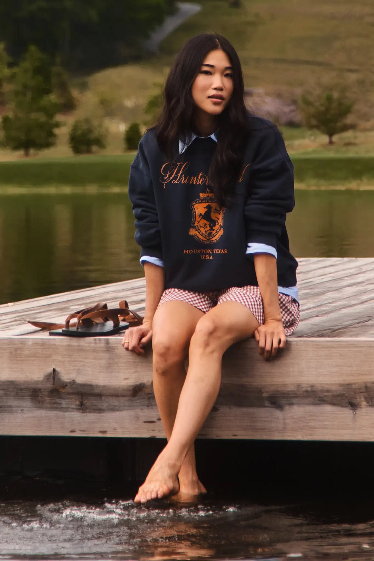 The Heritage Sweatshirt in Midnight blue paired with the Jemma Shorts.