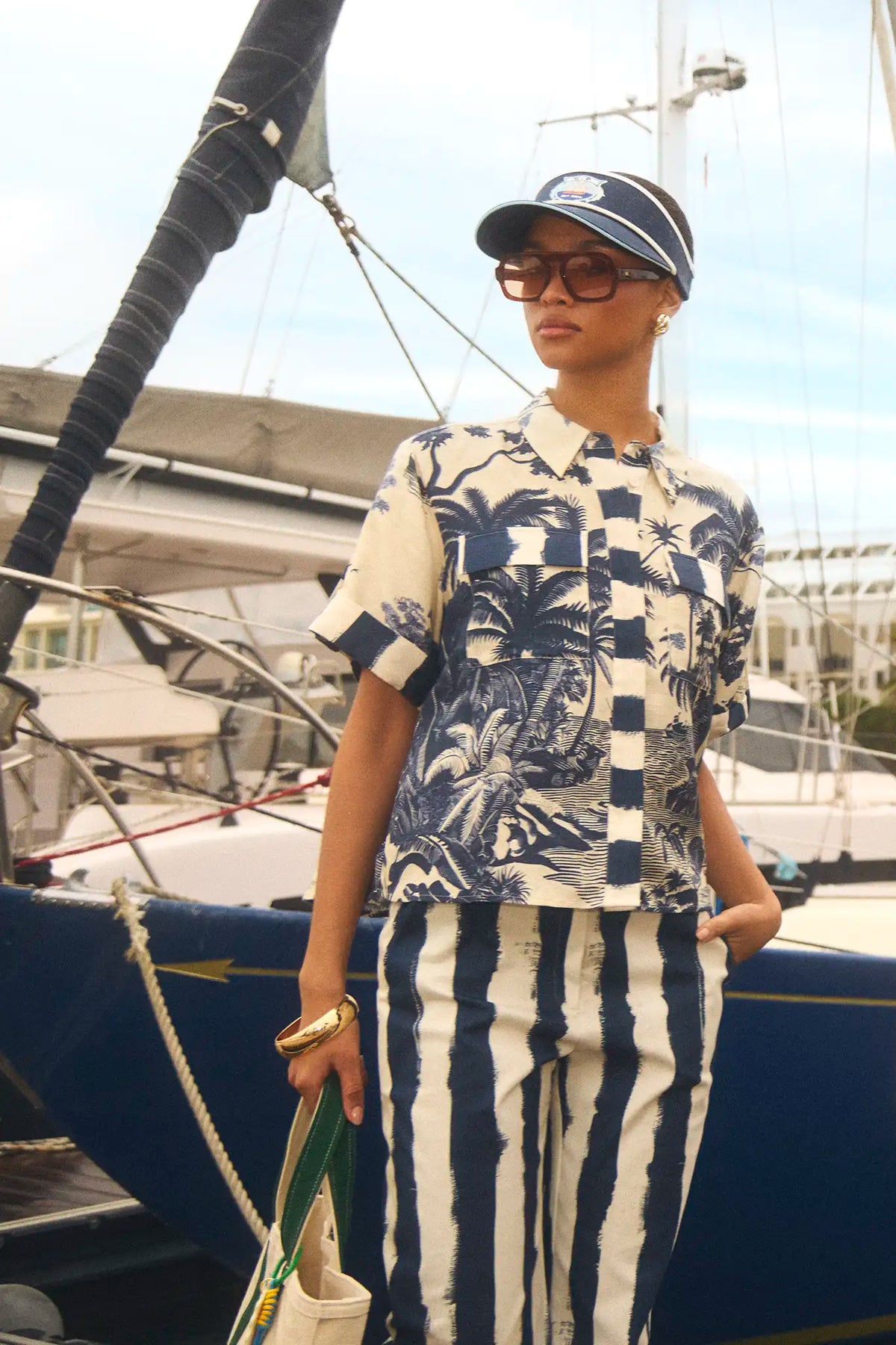 The Hawkins Top in Bermuda Toile paired with Juno Pant in Lighthouse Stripe Navy.