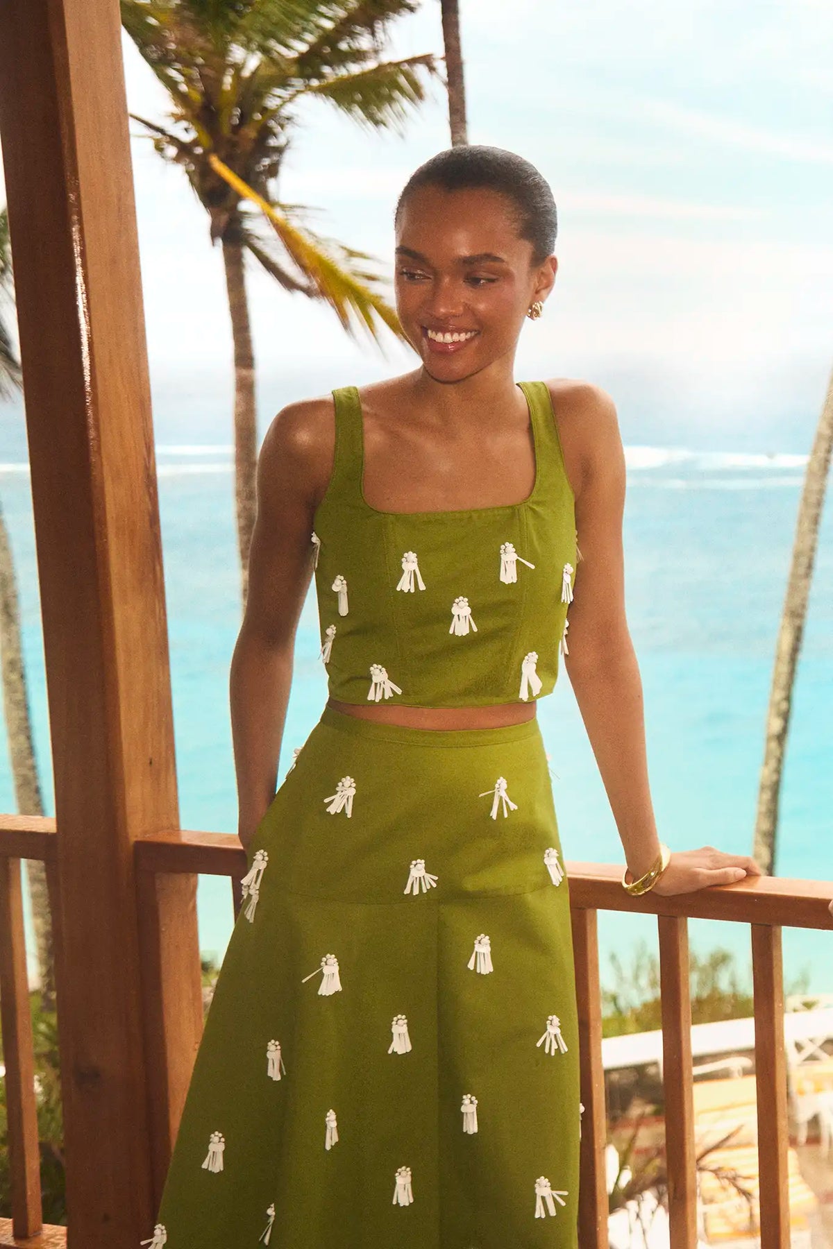 The Carissa Bustier in Palm Sand Dollars paired with matching Ida Skirt. 