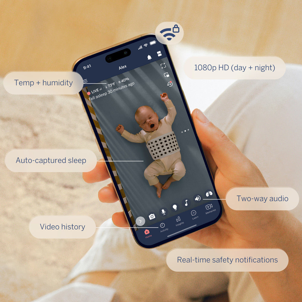 Nanit app features: 1080p HD, temp & humidity, sleep auto-capture, video history, two-way audio, safety alerts