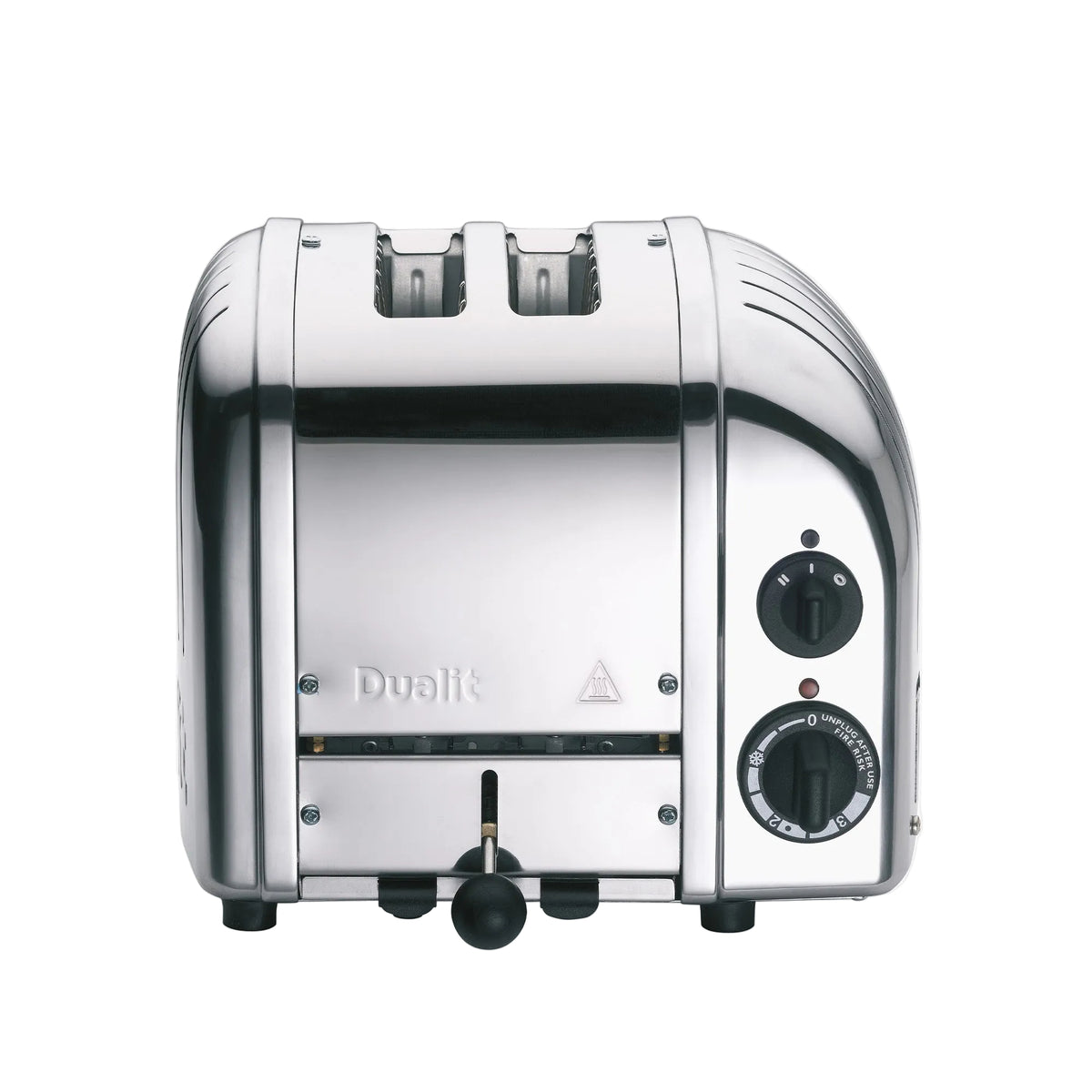 Front view of 2 Slot Classic Toaster in Polished Chrome showcasing two wide slots and mechanical controls with a white background