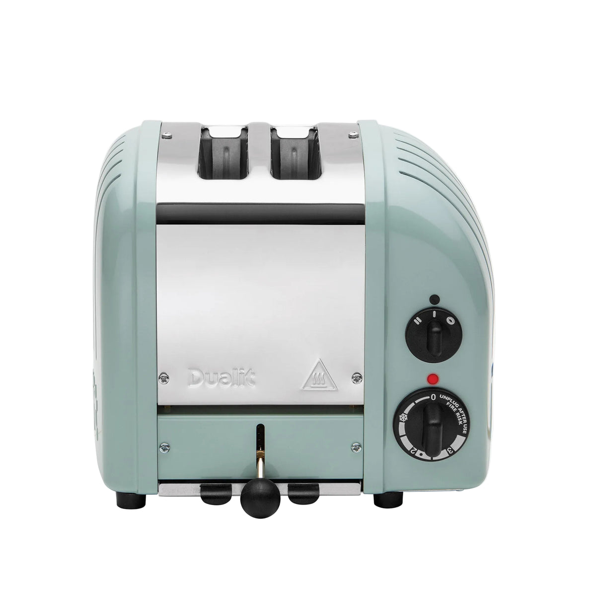 Front view of 2 Slot Classic Toaster in Eucalyptus showcasing two extra-wide slots and mechanical controls with a white background
