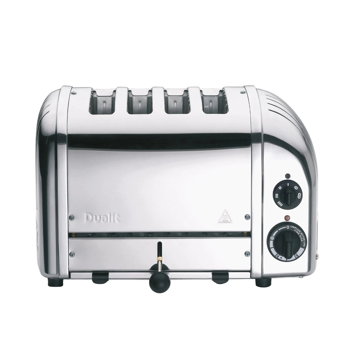 Front view of 4 Slot Classic Toaster in Polished Chrome showcasing four slots and control dials with white background