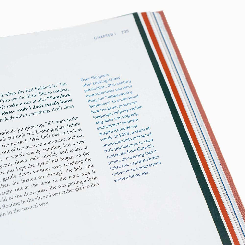 Angled view of Alice in Wonderland art novel open to Chapter 1 showing text and red and green page edges on white background