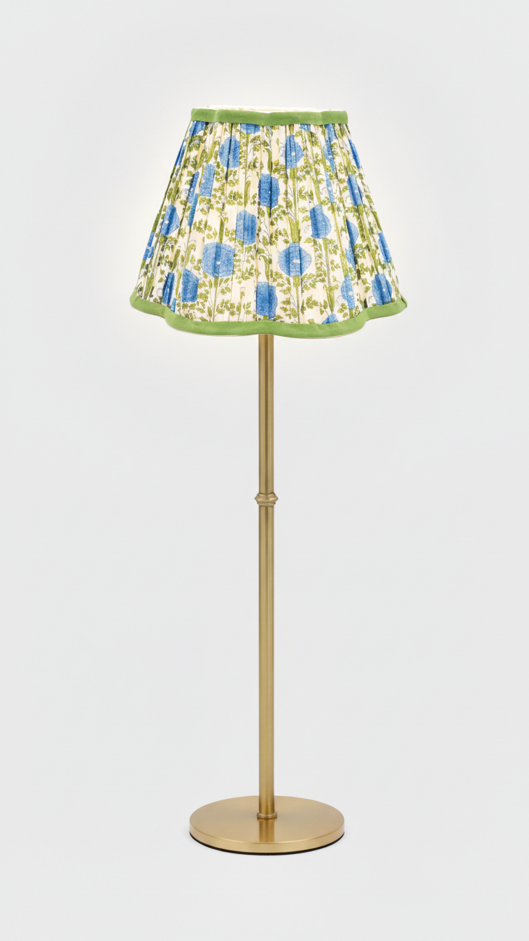 Inner Child pleated blockprint scalloped lampshade with araminta blue floral pattern and green trim