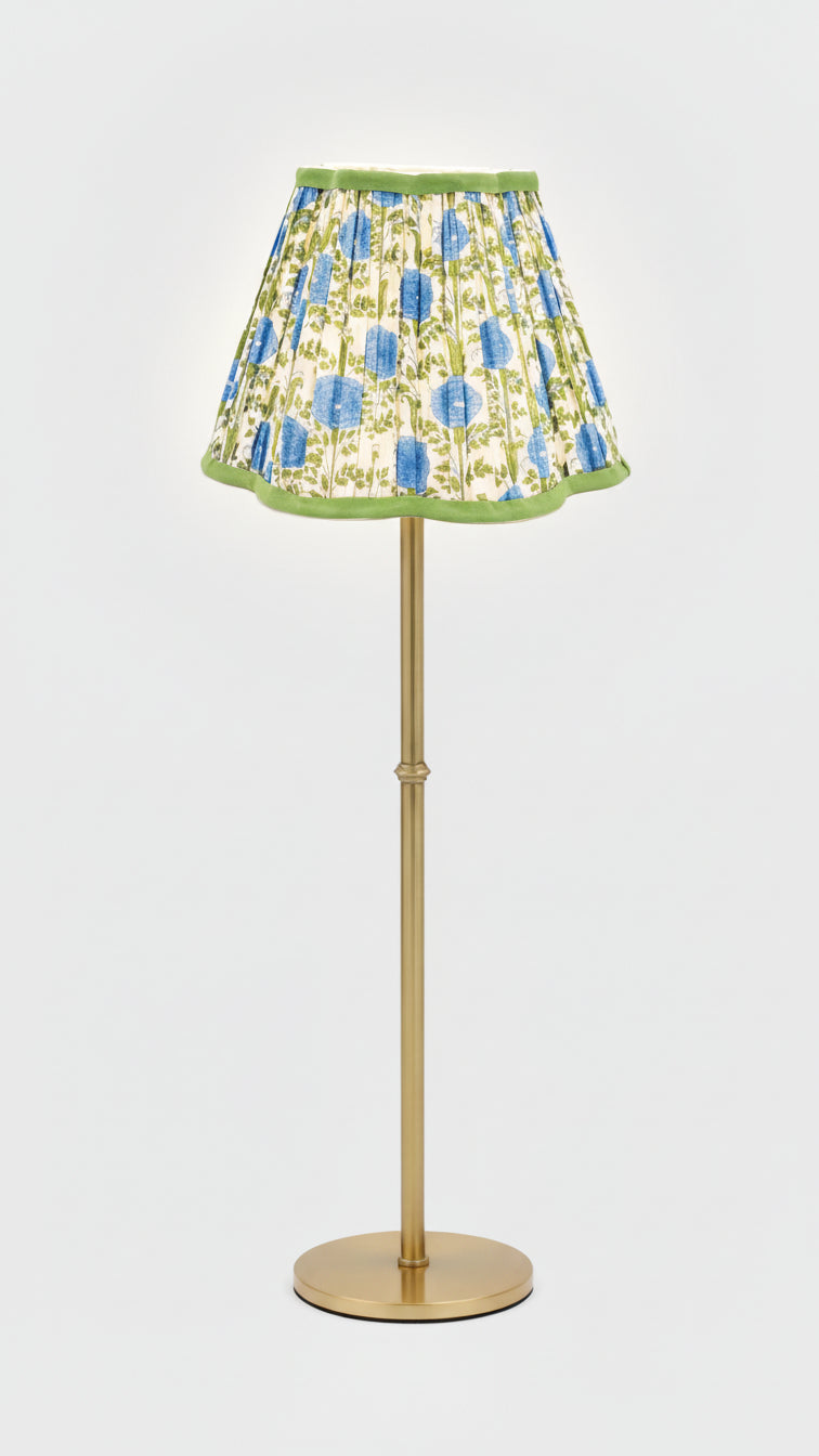 Inner Child pleated blockprint scalloped lampshade with araminta blue floral pattern and green trim