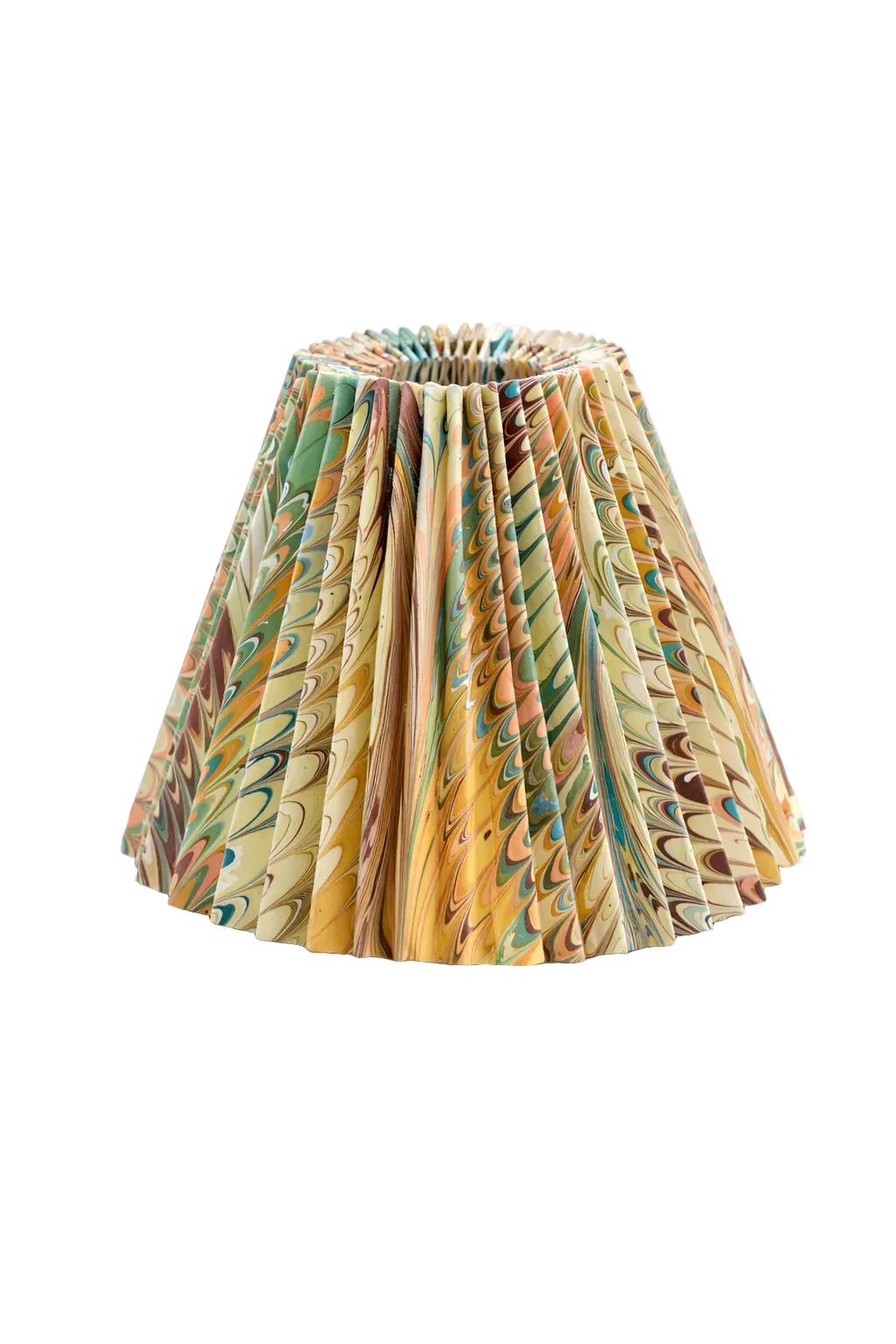 10" hand-marbled pleated empire lampshade with Flatiron Feathers pattern, multicolored marbling in greens, yellows, pinks, and blues, pleated design.