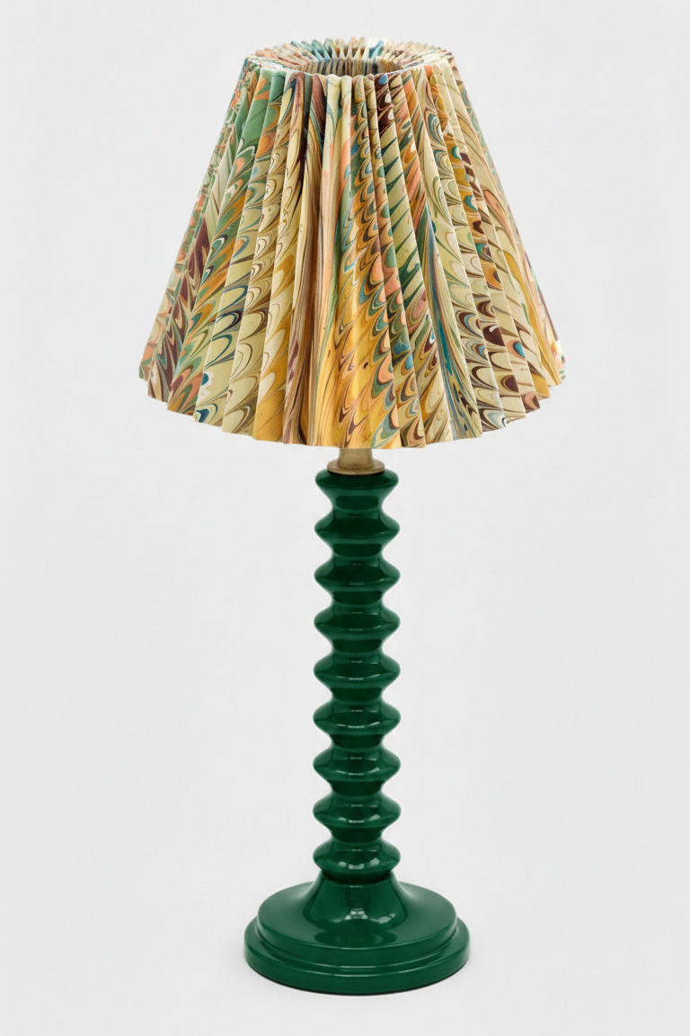 10" hand-marbled pleated empire lamp with dark green ribbed base