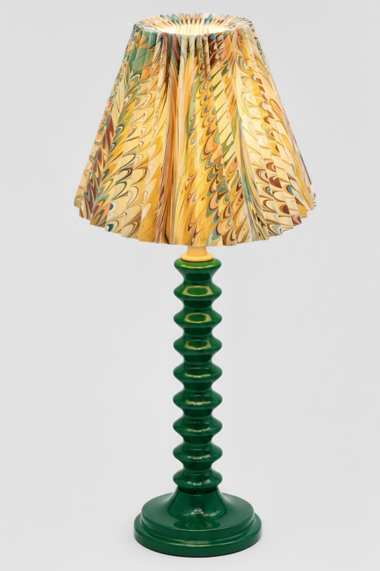 10" hand-marbled pleated empire lamp with green ribbed base