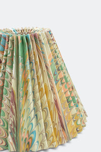 Close-up of 10" hand-marbled pleated lampshade with multicolor swirl patterns