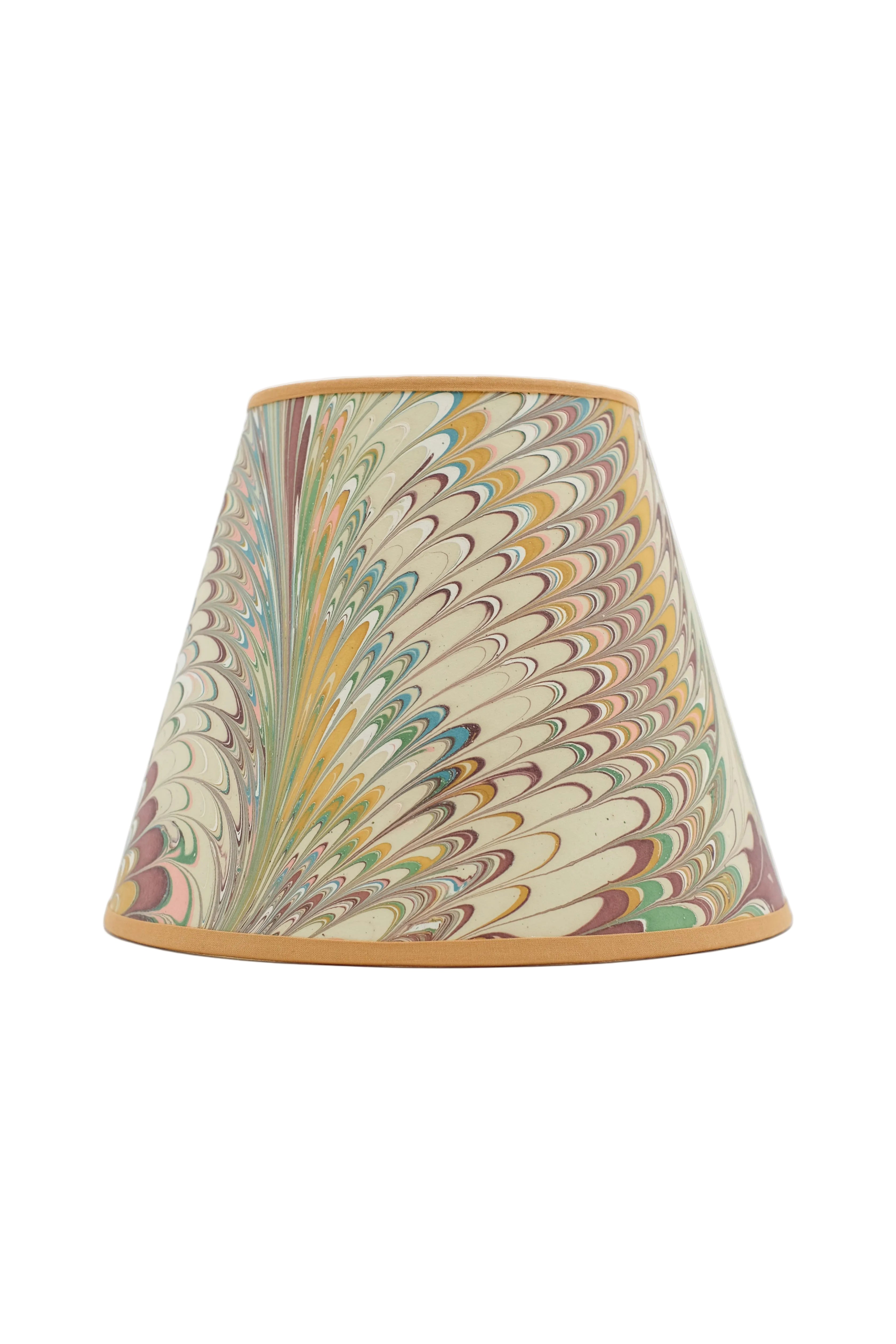 10" hand-marbled empire lampshade with Flatiron Feathers pattern, tan trim, multicolored marbling in greens, yellows, pinks, and blues.
