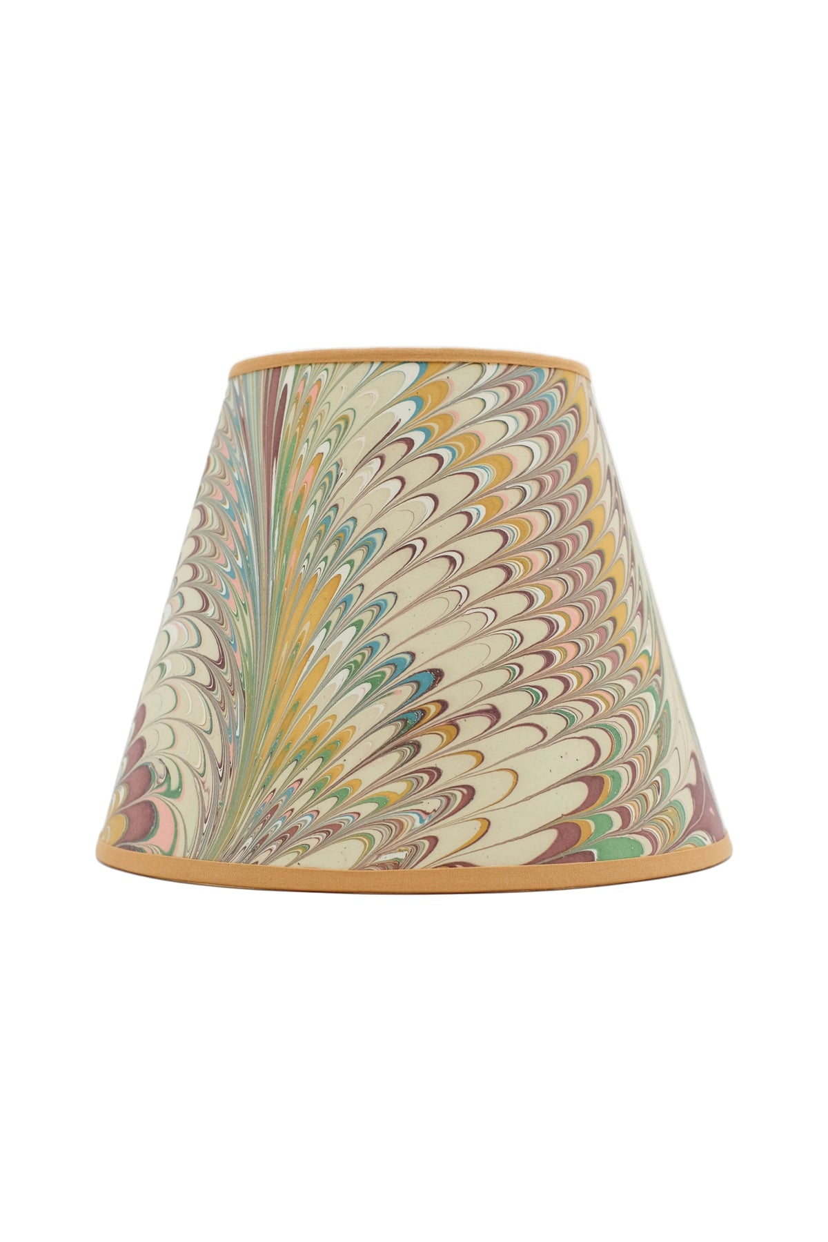 10" hand-marbled empire lampshade with Flatiron Feathers pattern, tan trim, multicolored marbling in greens, yellows, pinks, and blues.