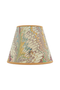 10" hand-marbled empire lampshade with Flatiron Feathers pattern, tan trim, multicolored marbling in greens, yellows, pinks, and blues.