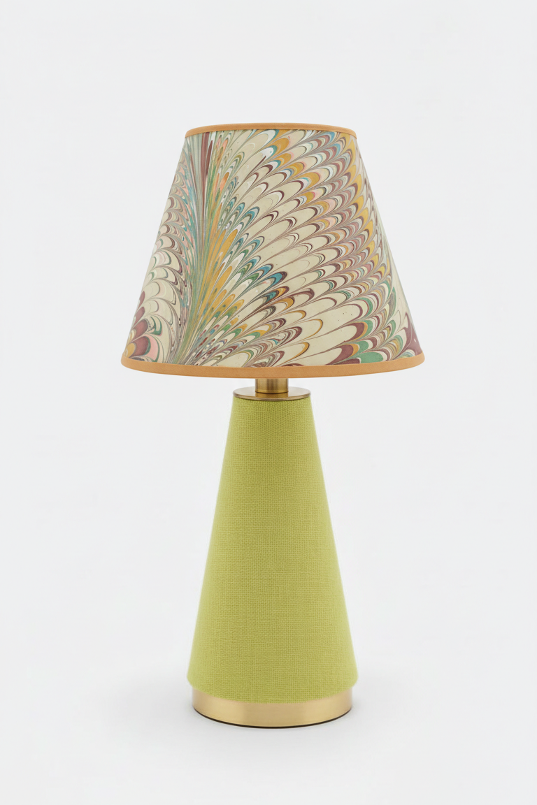 10" hand-marbled empire lampshade with Flatiron Feathers pattern on a green fabric lamp base with gold accents.