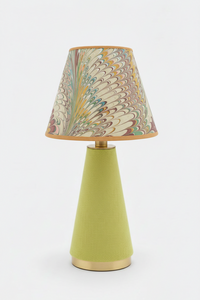 10" hand-marbled empire lampshade with Flatiron Feathers pattern on a green fabric lamp base with gold accents.
