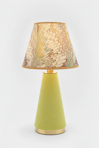 10" hand-marbled empire lampshade with Flatiron Feathers pattern on a green fabric lamp base with gold accents, viewed from a different angle.