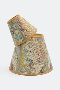 10" hand-marbled empire lampshade with Flatiron Feathers pattern, tan trim, angled view showing shape and marbling details.