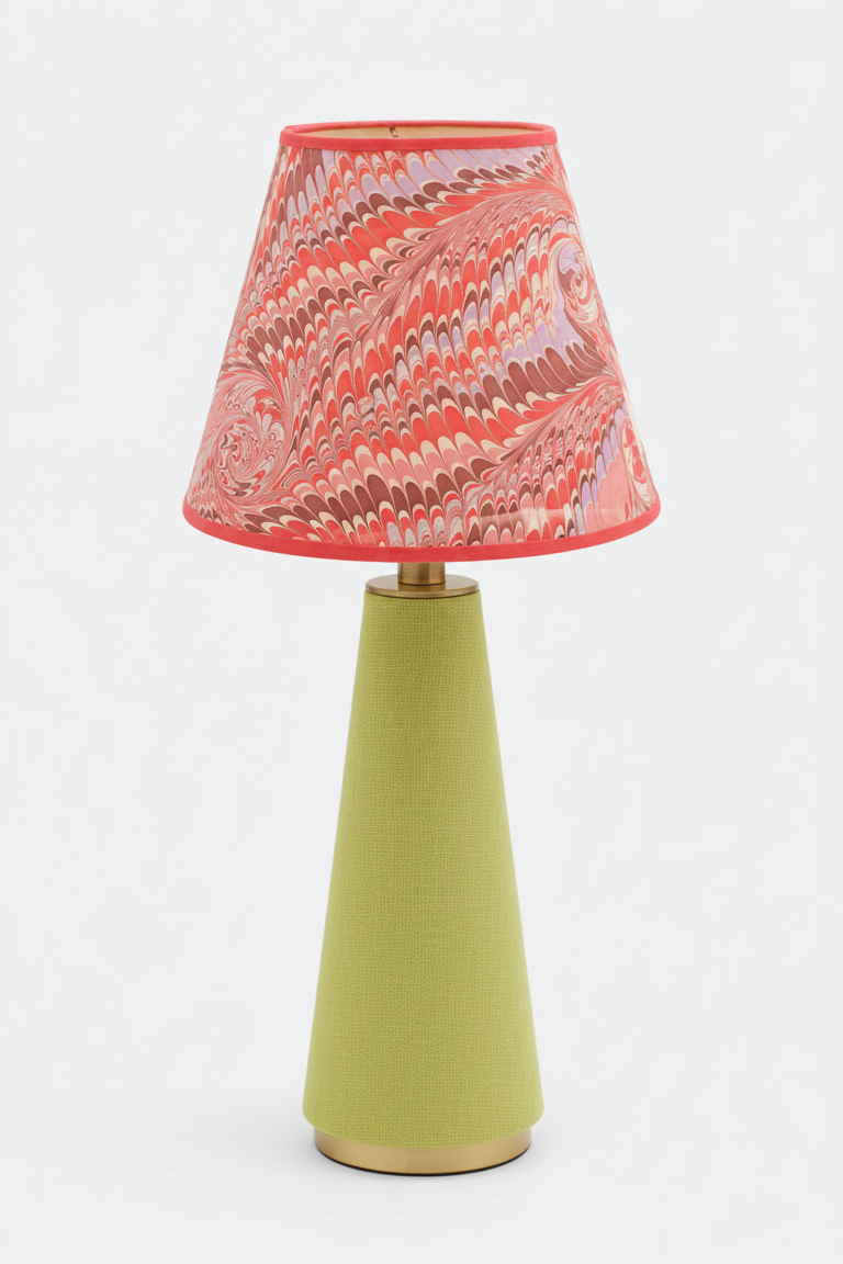 Table lamp with green fabric base and florentine pink hand-marbled empire lampshade