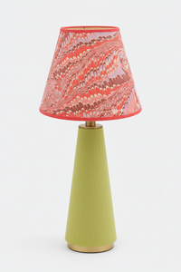 Table lamp with green fabric base and florentine pink hand-marbled empire lampshade