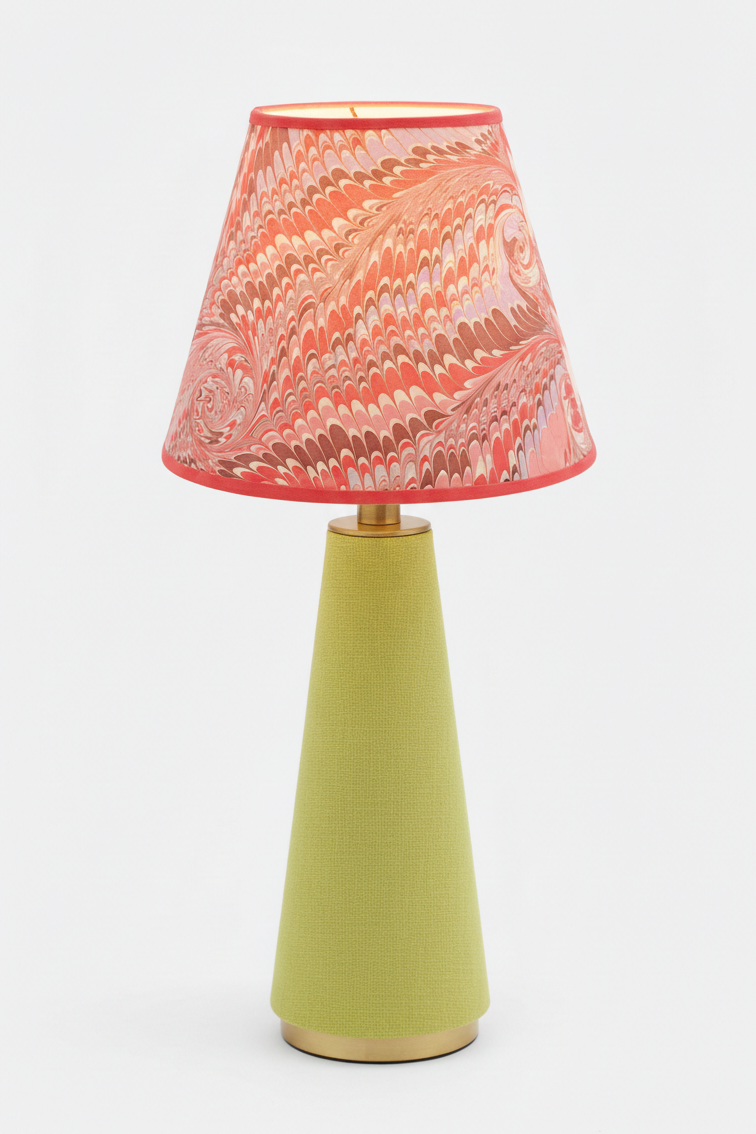 Table lamp with green fabric base and florentine pink hand-marbled empire lampshade