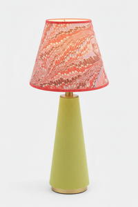 Table lamp with green fabric base and florentine pink hand-marbled empire lampshade