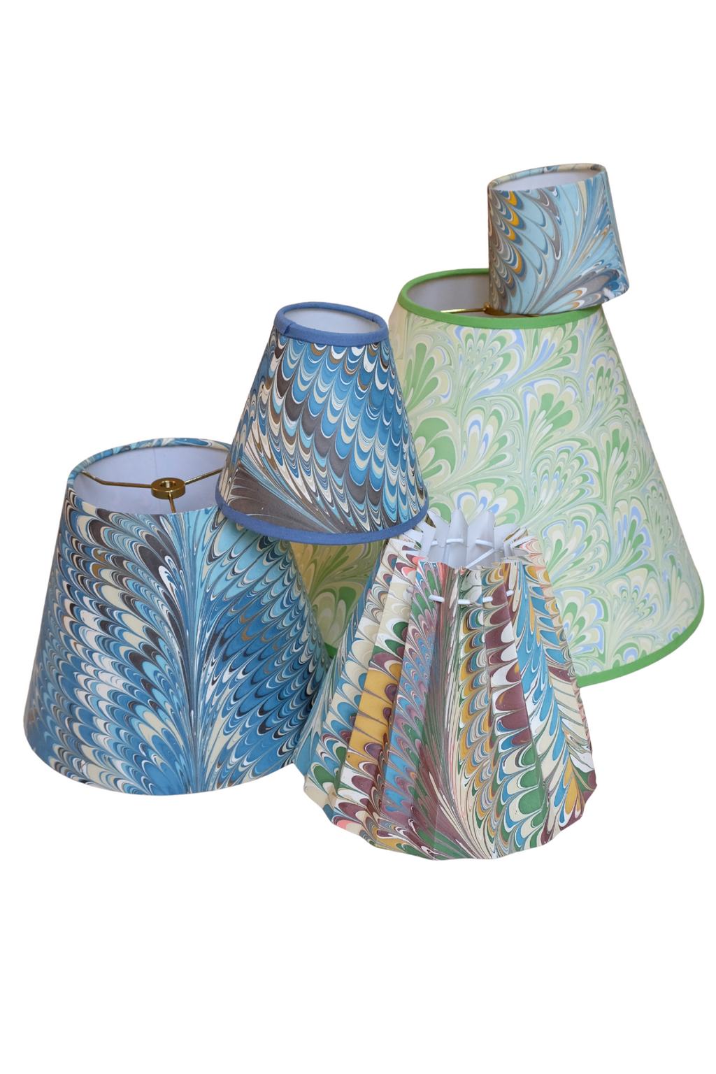 Assorted colorful hand-marbled fabric lampshades collection