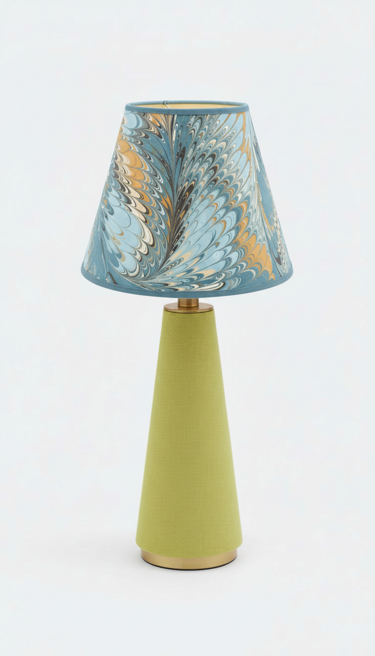 10 inch Hand-Marbled Empire Table Lamp with green fabric base and marbled lampshade