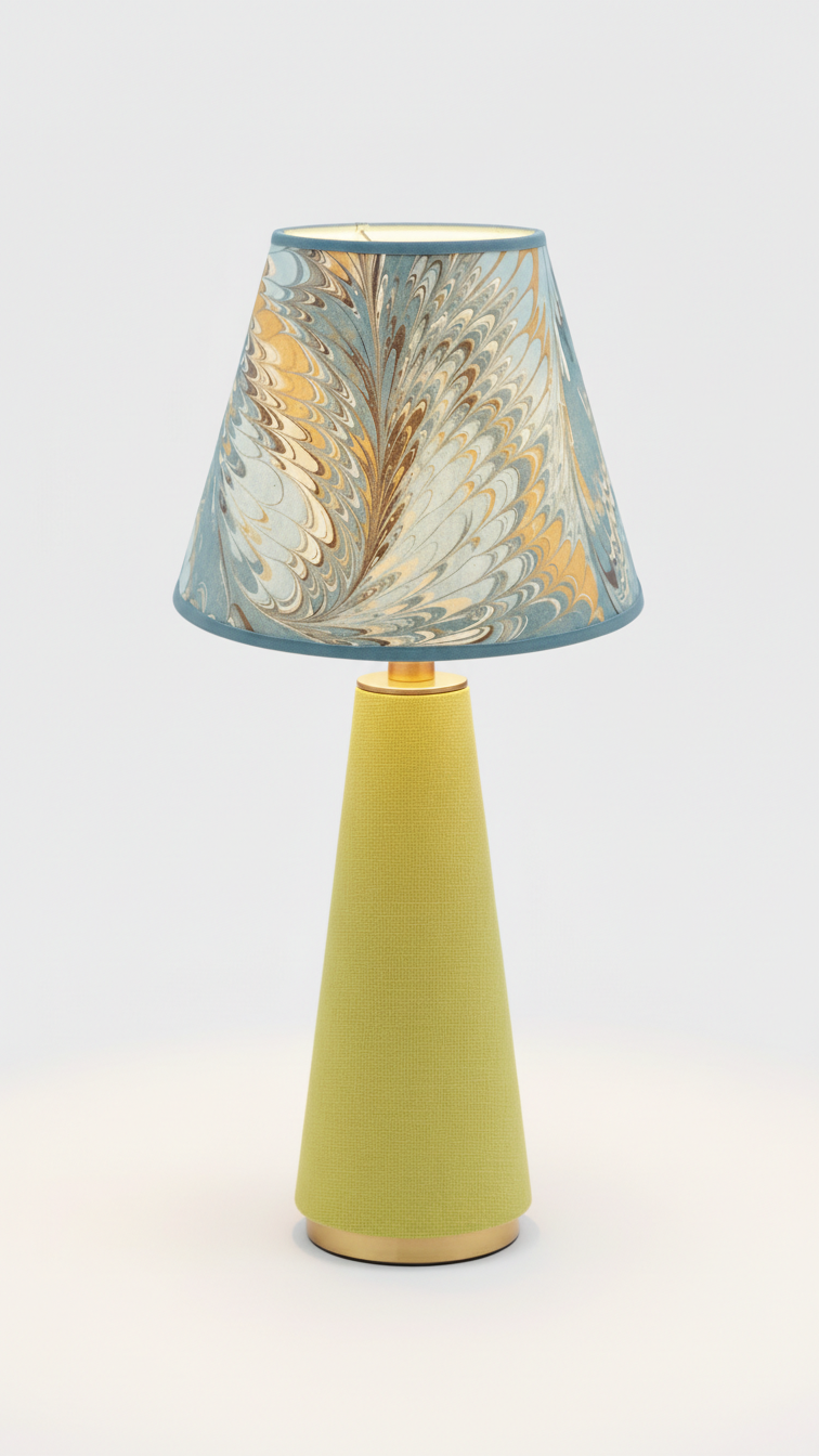 10 inch Hand-Marbled Empire Table Lamp with yellow-green fabric base and marbled lampshade