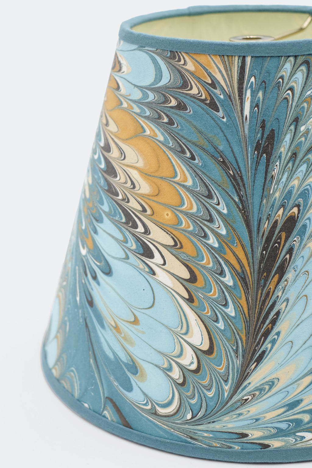10 inch hand-marbled empire lampshade with blue, gold, and dark gray swirling patterns