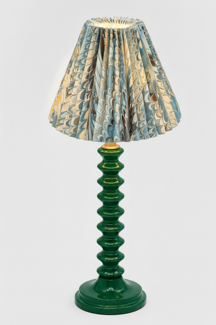 10 inch hand-marbled pleated empire lampshade with green ribbed base - Nila Feathers pattern