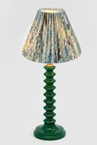 10 inch hand-marbled pleated empire lampshade with green ribbed base - Nila Feathers pattern