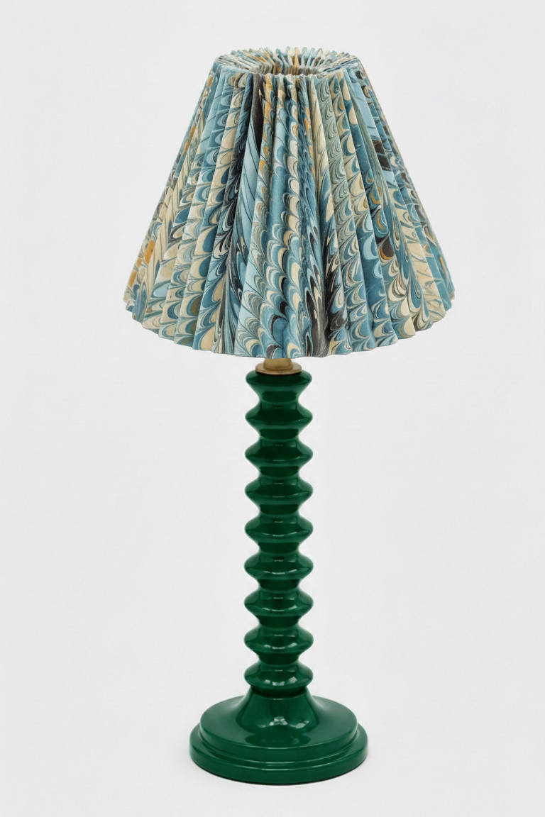 10" hand-marbled pleated empire lamp with blue-green marbled shade on dark green base