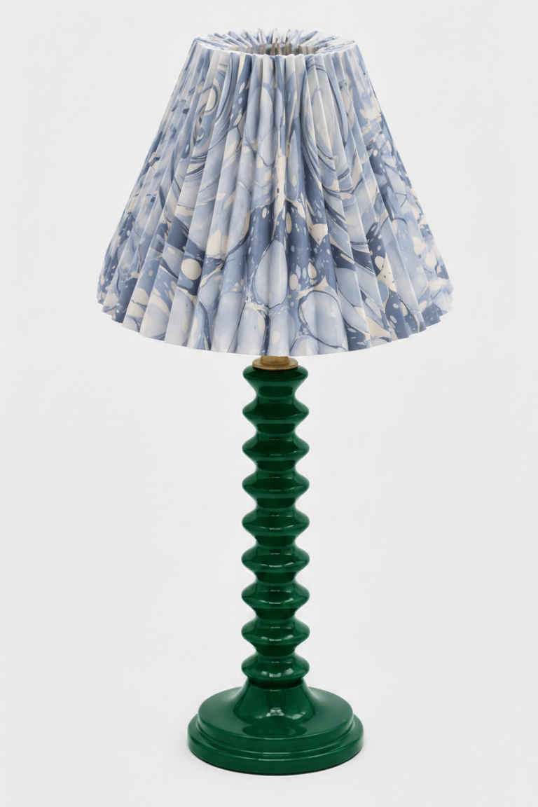 10 inch hand-marbled pleated empire lampshade with blue and white ocean pattern on green base