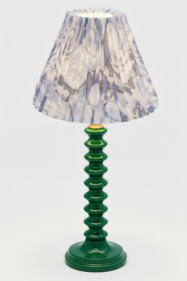 10" Hand-Marbled Pleated Empire Lampshade Ocean Wave blue-gray marbling green stacked base - Inner Child