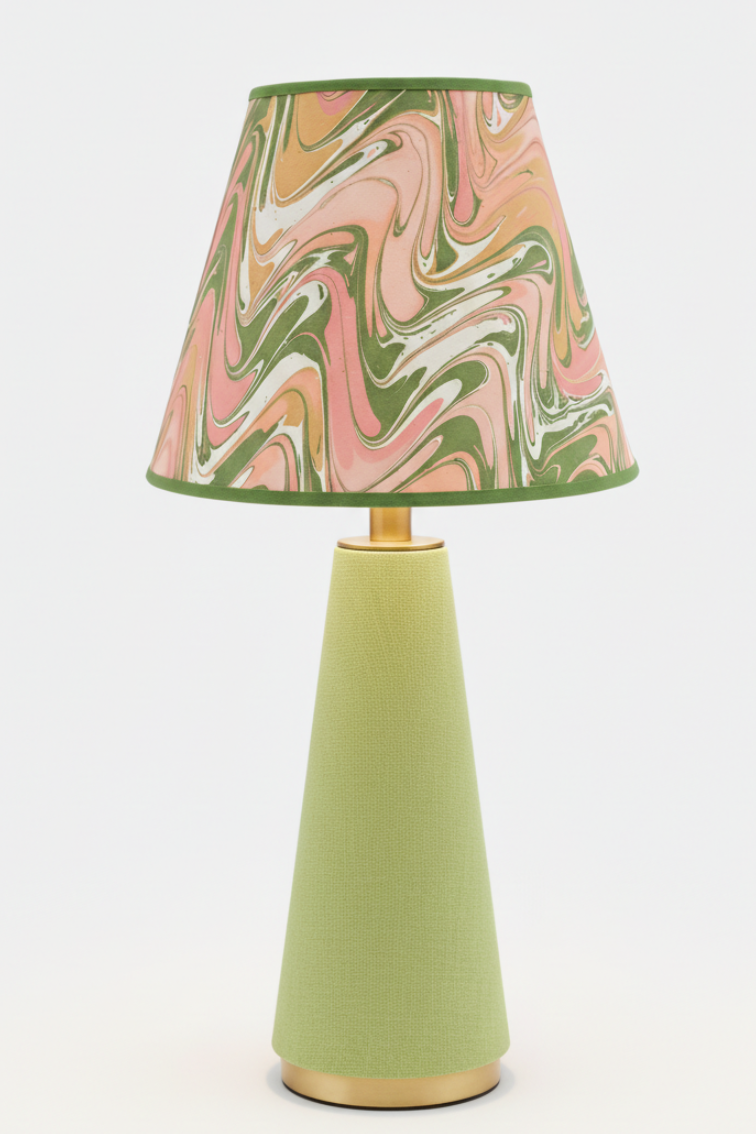 10" hand-marbled empire lamp with peony bloom shade, green fabric base, gold accents