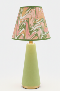 10" hand-marbled empire lamp with peony bloom shade, green fabric base, gold accents