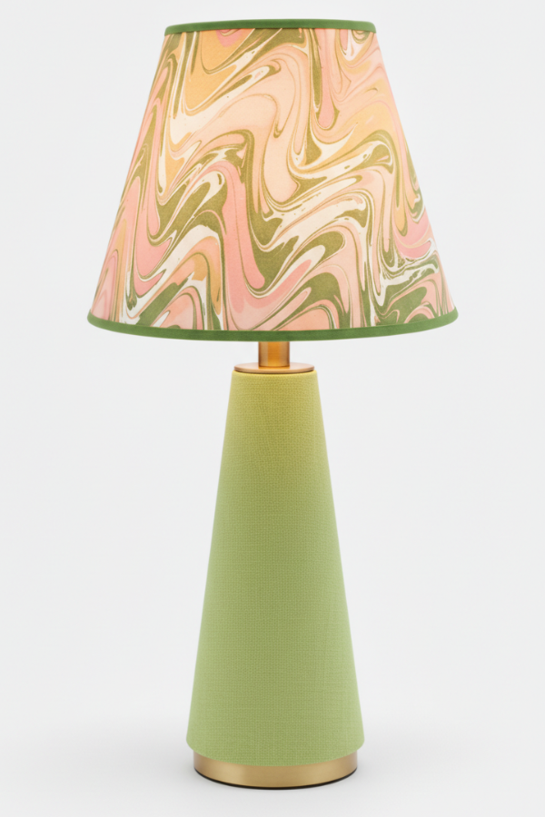10" hand-marbled empire lamp with peony bloom shade, light green fabric base, gold accents