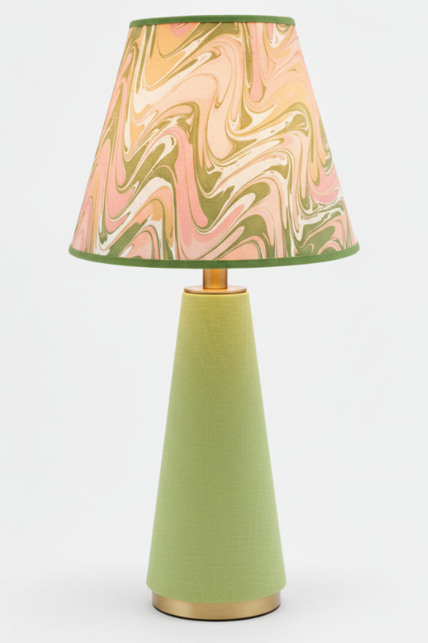 10" hand-marbled empire lamp with peony bloom shade, light green fabric base, gold accents