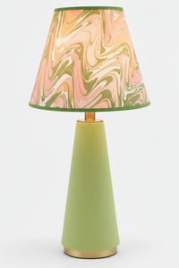 10" hand-marbled empire lamp with peony bloom shade, light green fabric base, gold accents