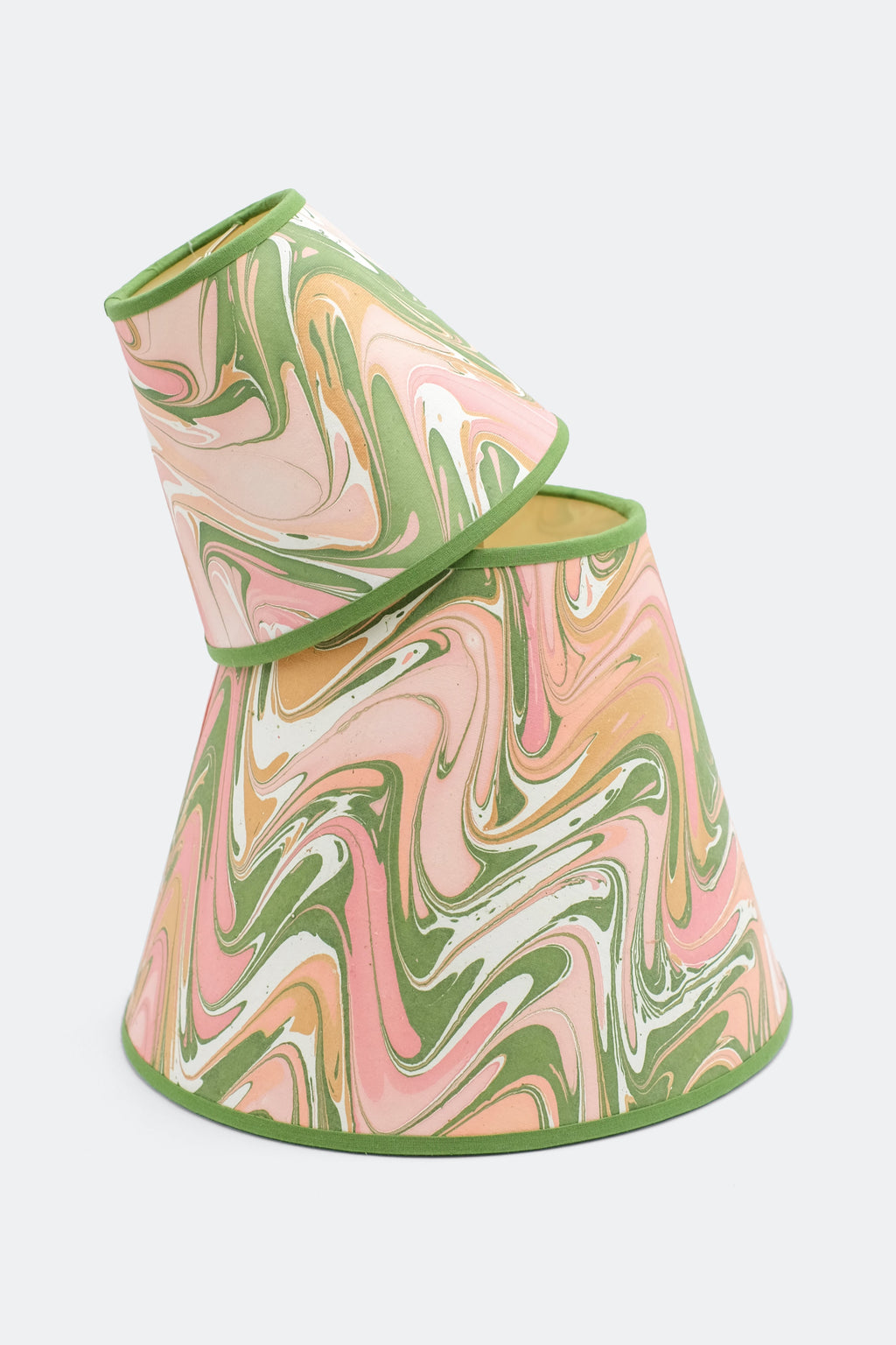 Stacked 10" hand-marbled empire lampshades with peony bloom patterns, green trim