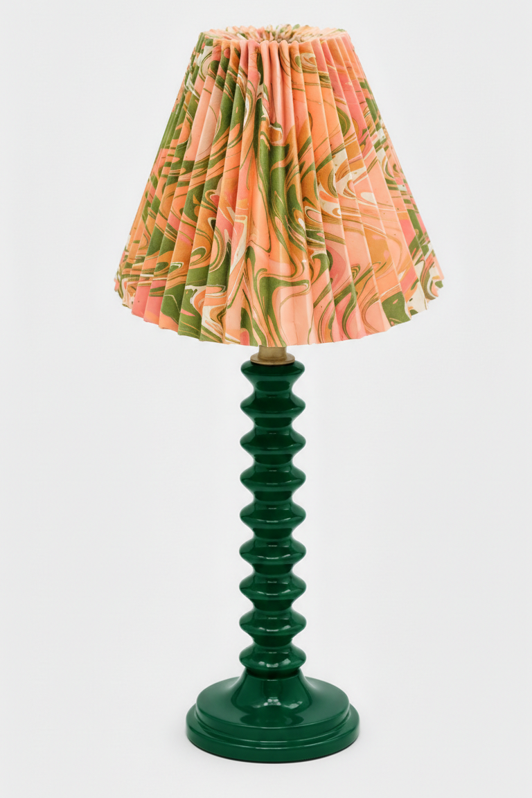 10" Hand-Marbled Pleated Empire Lampshade Peony Bloom orange-green marbling green stacked base - Inner Child