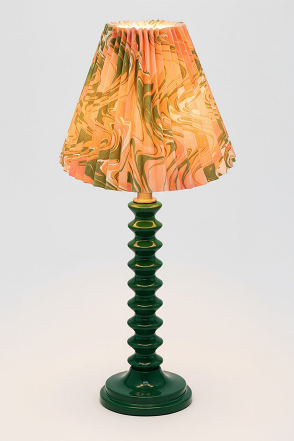 10" Hand-Marbled Pleated Empire Lampshade Peony Bloom orange-green marbling green stacked base - Inner Child