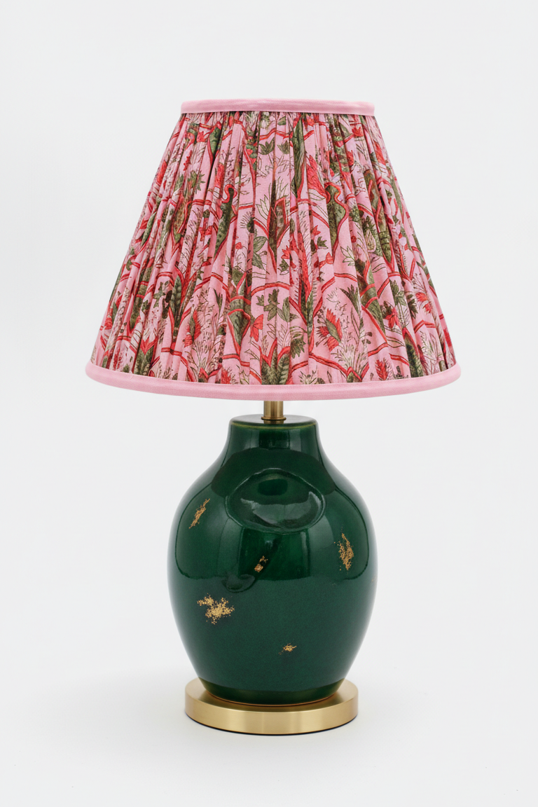 10 inch pleated blockprint empire lampshade attached to dark green ceramic table lamp from Inner Child