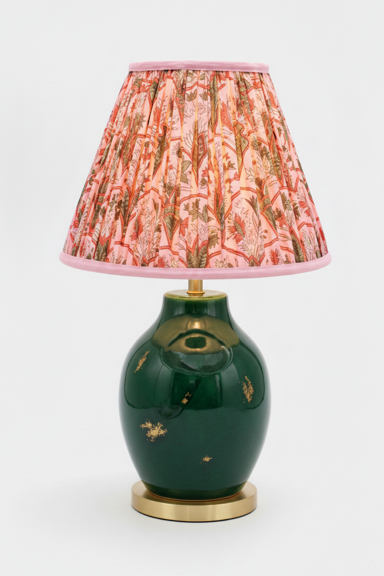 10 inch pleated blockprint empire lampshade on dark green ceramic table lamp from Inner Child